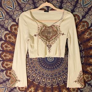 Embellished cream crop top w/ flare sleeves
